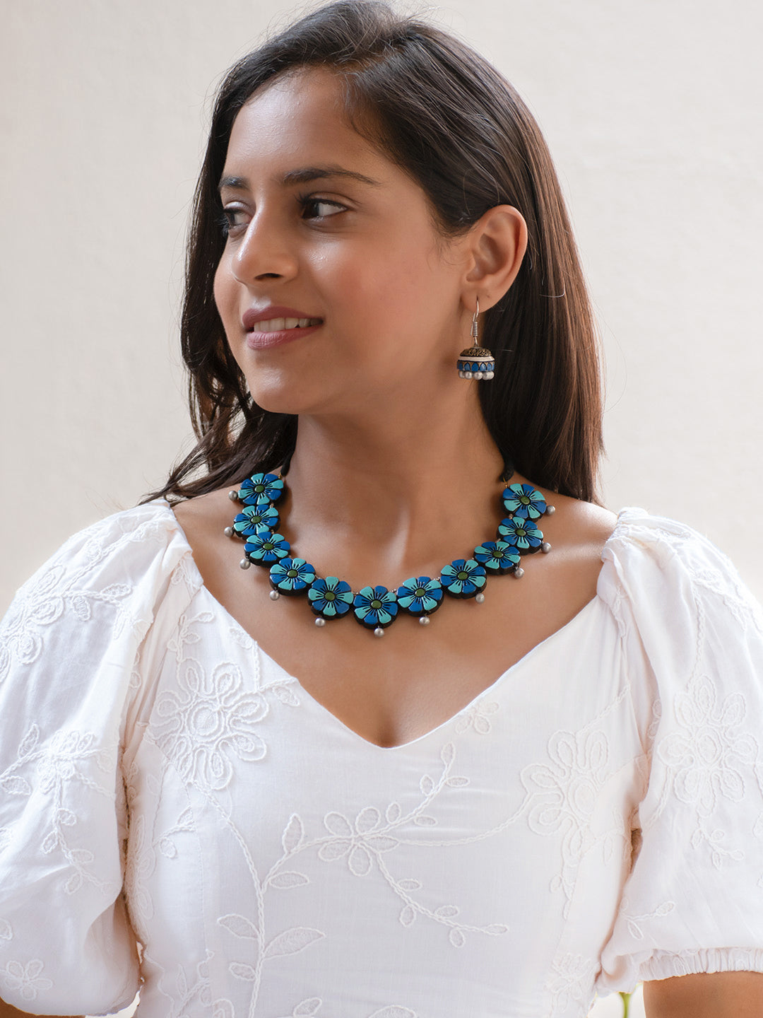 Blue Floral Design Handmade Terracotta Necklace Set