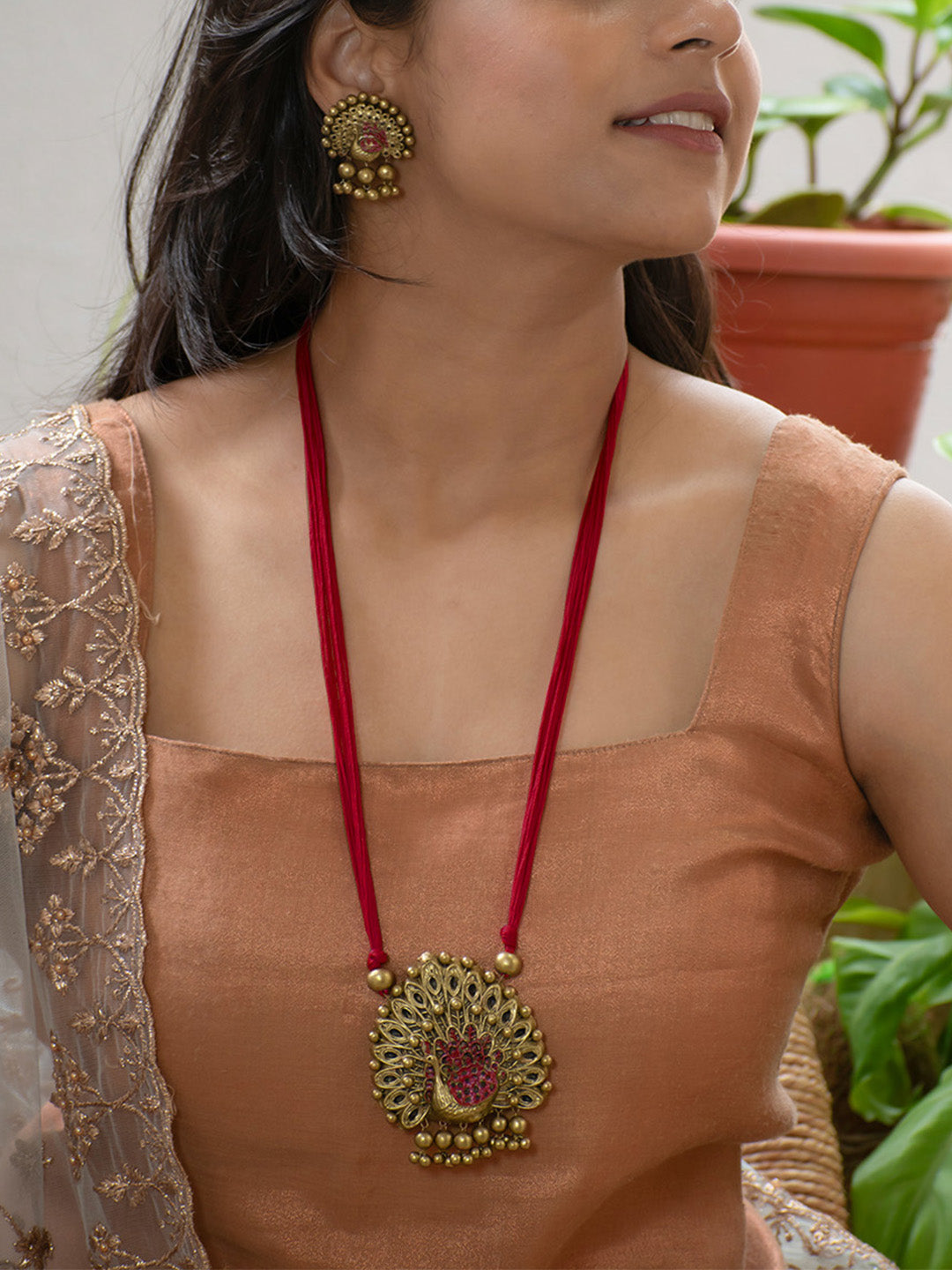Gold and Maroon Design Handmade Terracotta Necklace Set