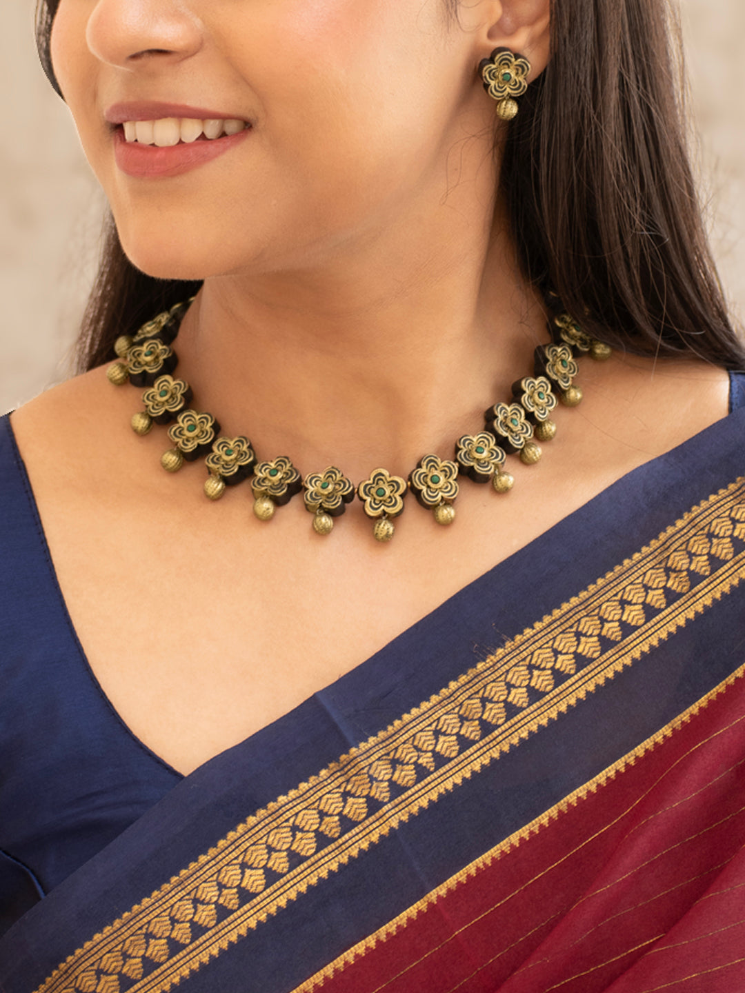 Floral Vector Design Antique Gold Green Handmade Terracotta Necklace Set