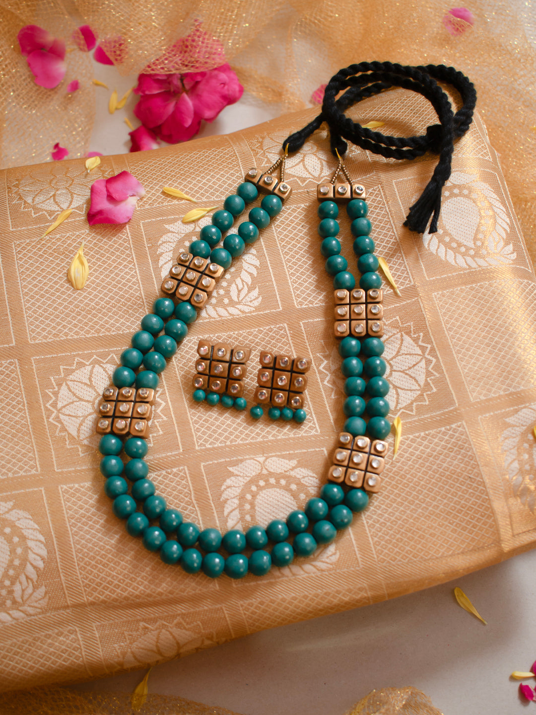 Teal and Gold Two Layered Kundan Stone Rani Haar Handmade Terracotta Necklace Set