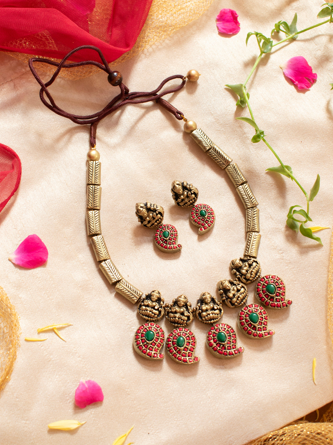 Antique Gold Red Green Lakshmi and Mango Design Chain Type Temple  Handmade Terracotta Necklace Set