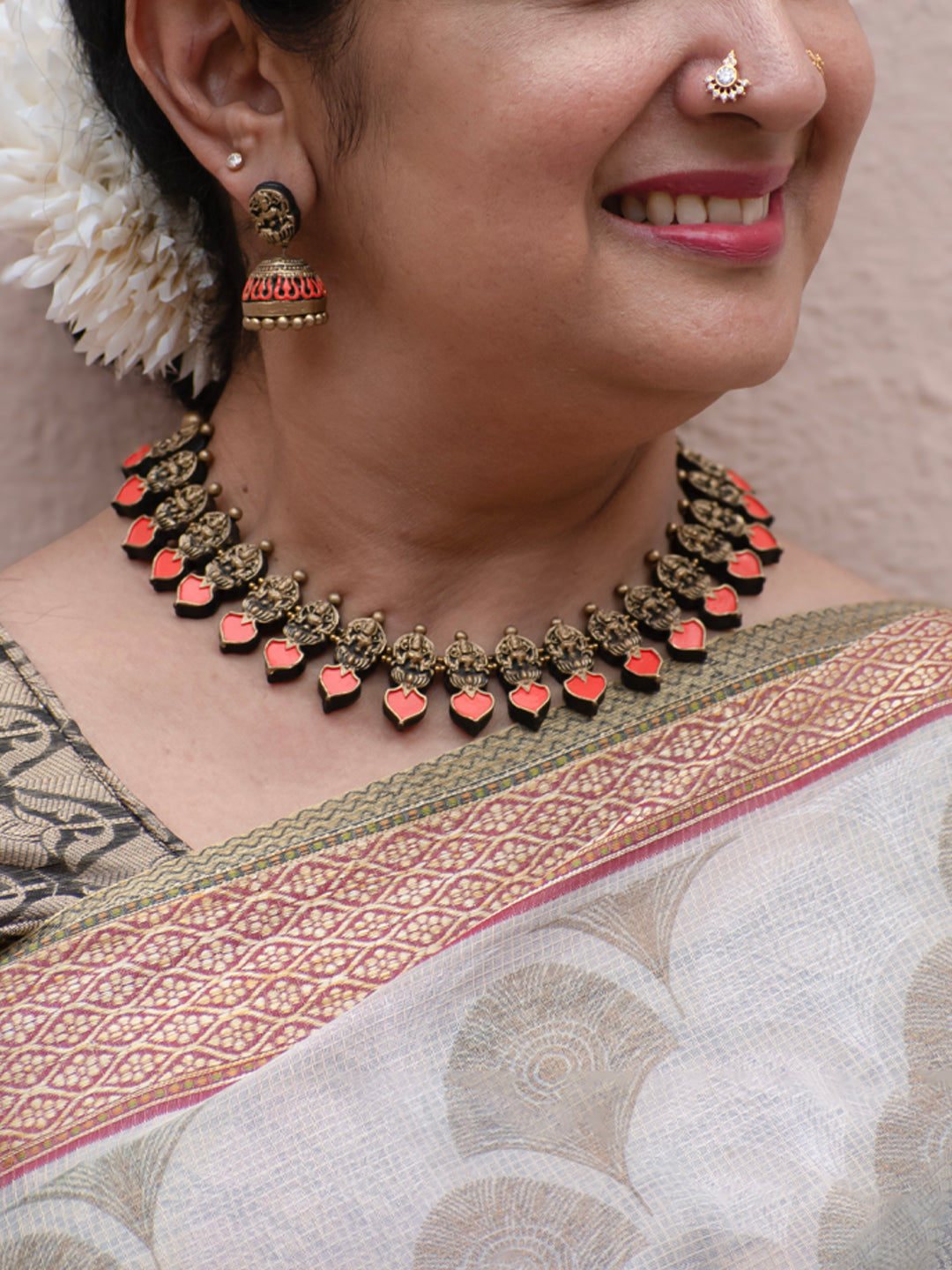 Antique Gold Cadmium Red Lakshmi Design Temple Terracotta Necklace Set