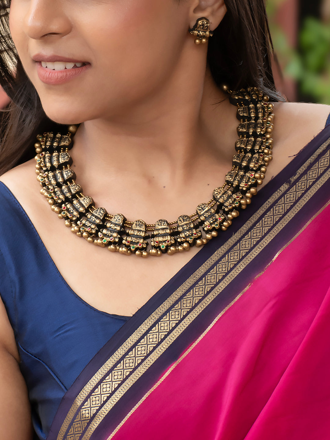 Antique Gold Cylindrical Tube Step Design Red Green Kundan Handmade Terracotta Necklace Set