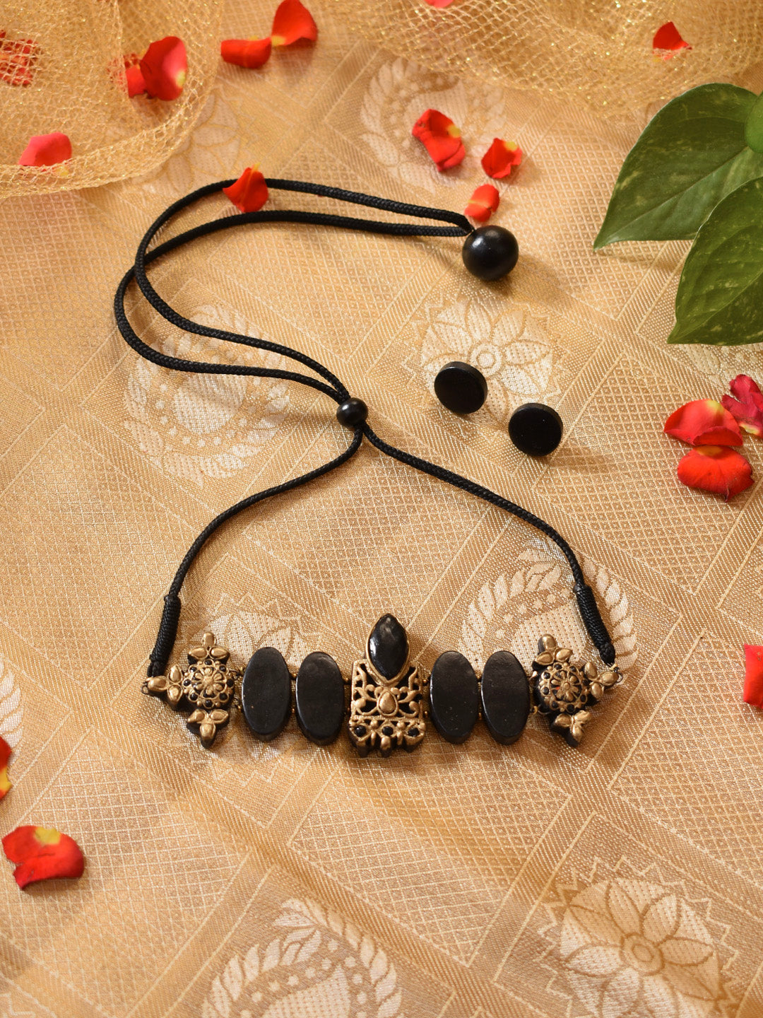 Antique Gold Black Oval  Floral Medieval Design Pattern Choker Handmade Terracotta Necklace set