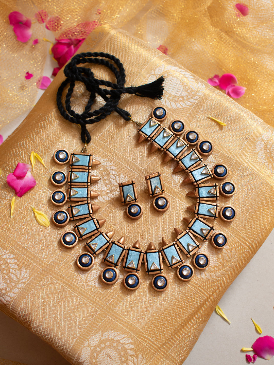 Antique Gold Blue  Geometric Design Kundan Fusion Handmade Terracotta Necklace Set