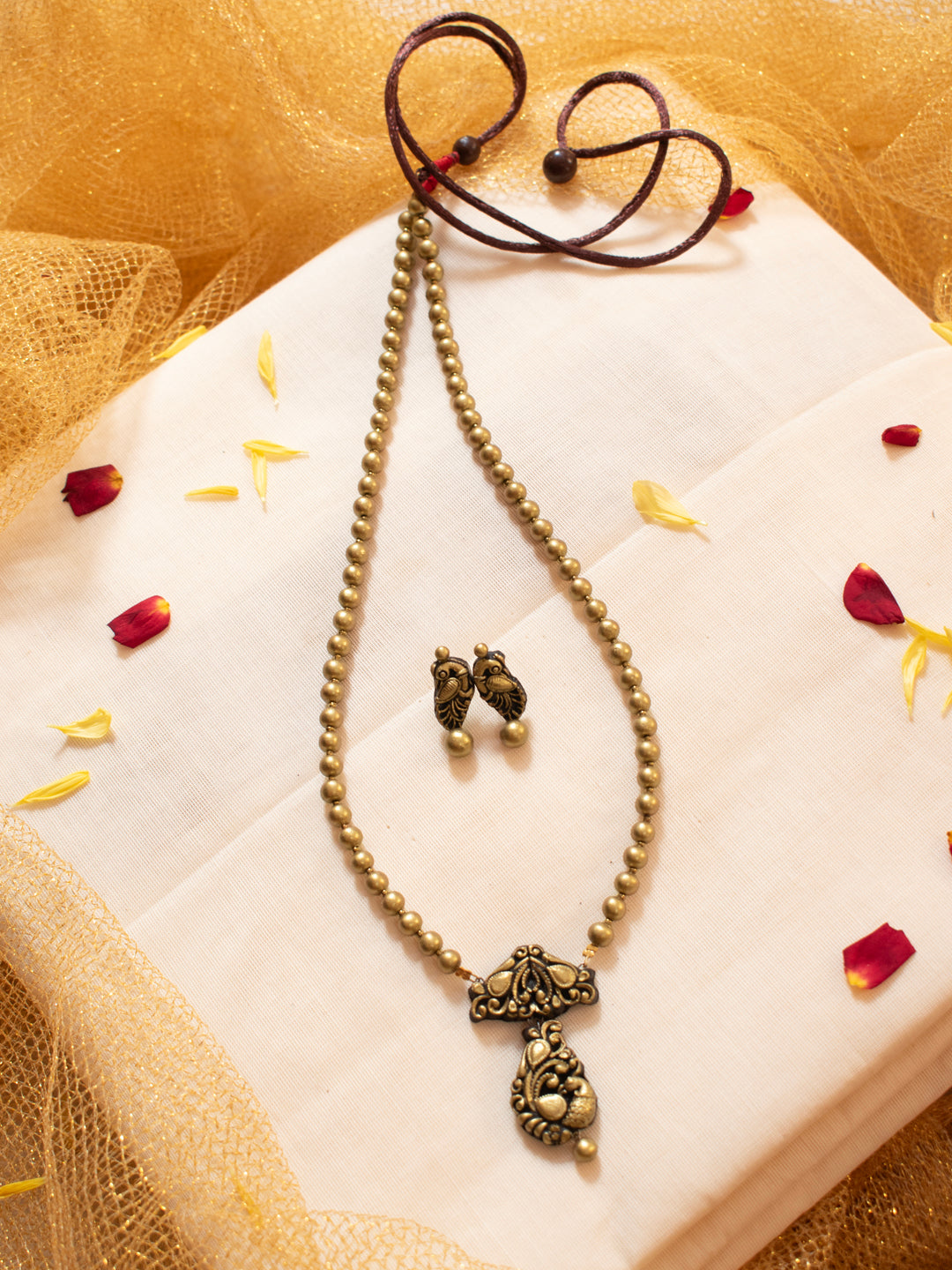Antique Gold Minimalistic Peacock Design Mala Handmade Terracotta Necklace Set