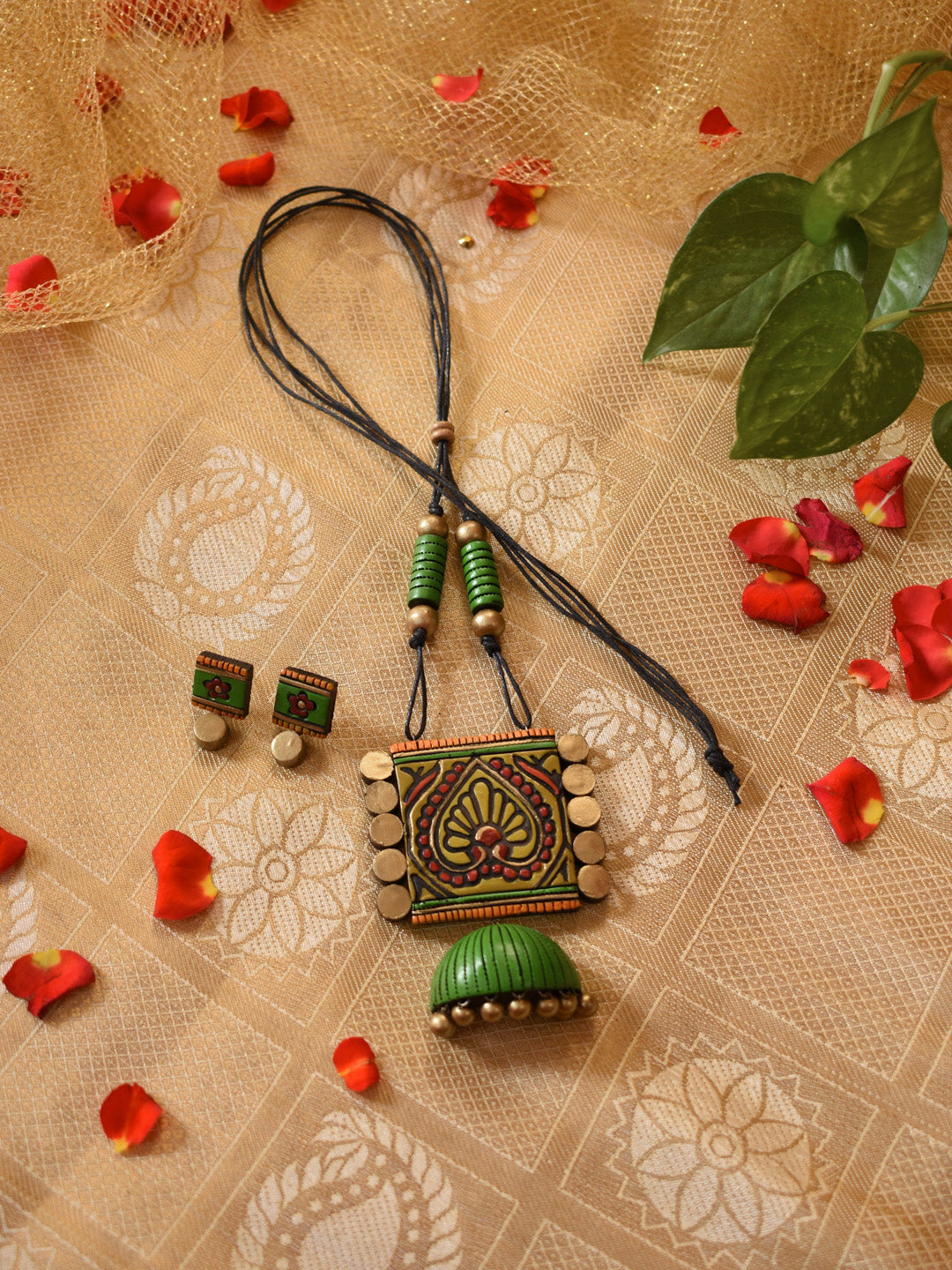 Antique Gold Green Mustard Red Rectangular Jhumka Design Handmade Terracotta Necklace Set