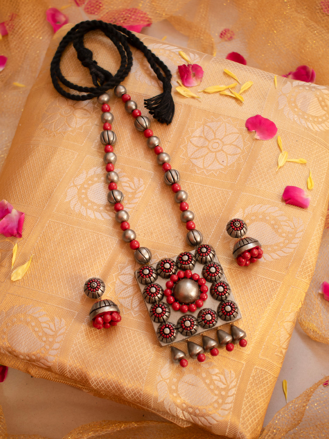 Red and Antique Gold Embossed Design Square Pendant Handmade Terracotta Necklace Set