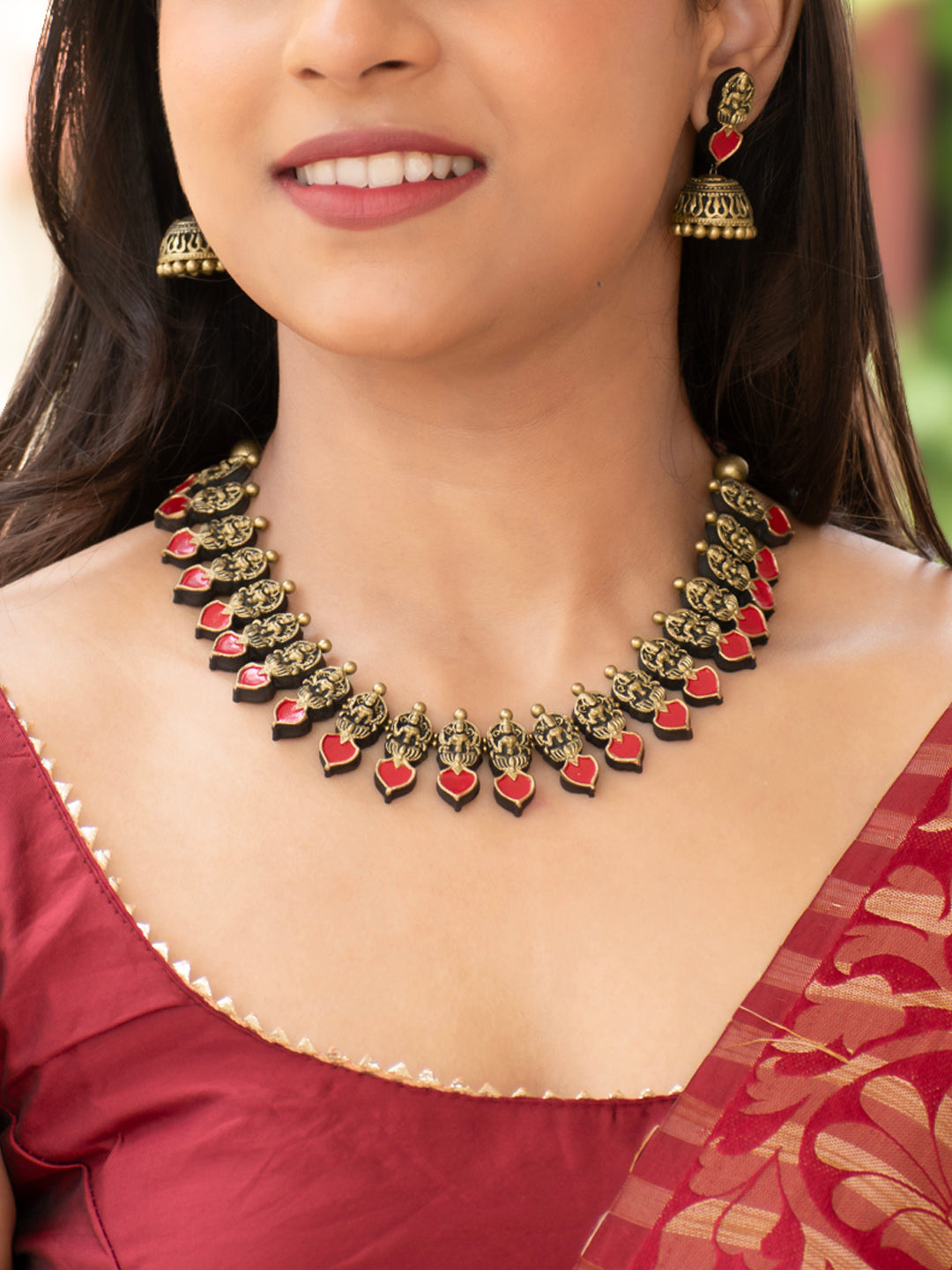Antique Gold Red Lakshmi Design Temple Terracotta Necklace Set