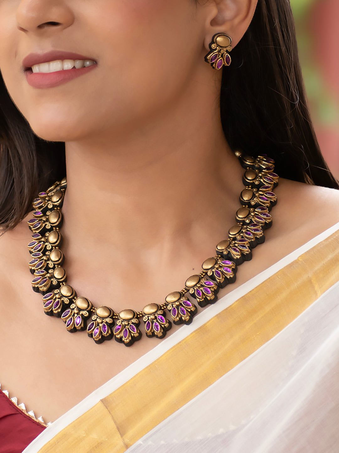 Antique Gold Flower Bud Design Light Purple Kundan Handmade Terracotta Necklace Set