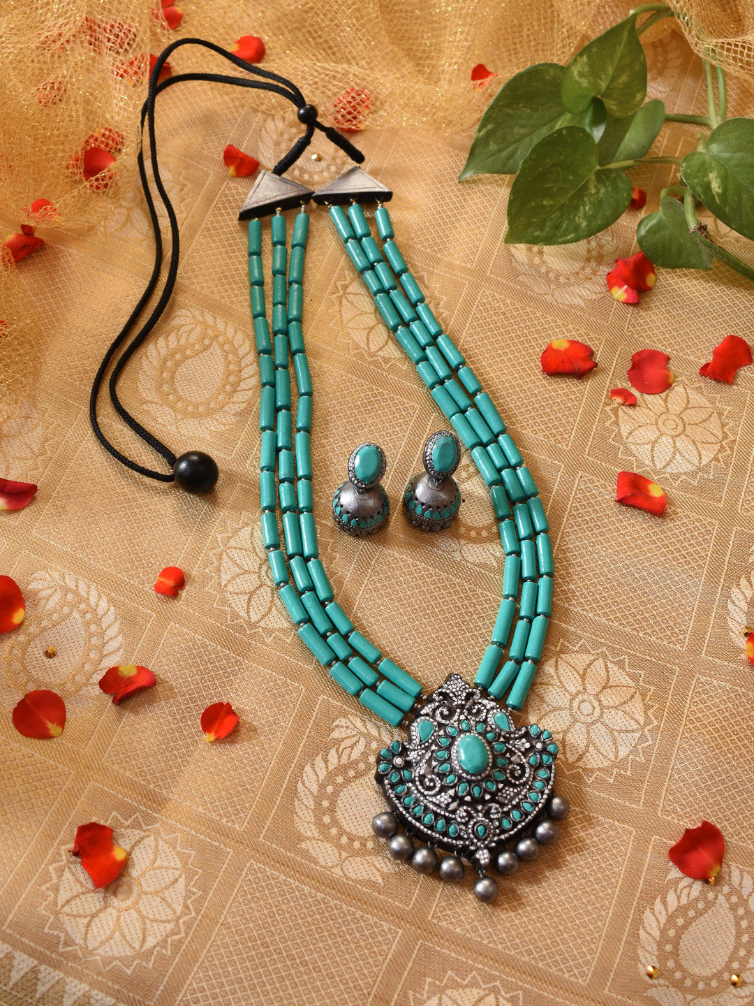 Shubhrangi — Aqua Blue Silver Three Layered Victorian Haram Style Handmade Terracotta Necklace Set