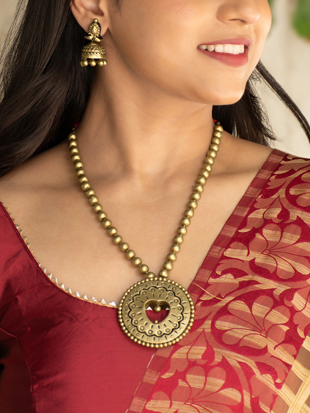 Antique Gold Circular Pendant with Heart Design Handmade Terracotta Mala Necklace Set