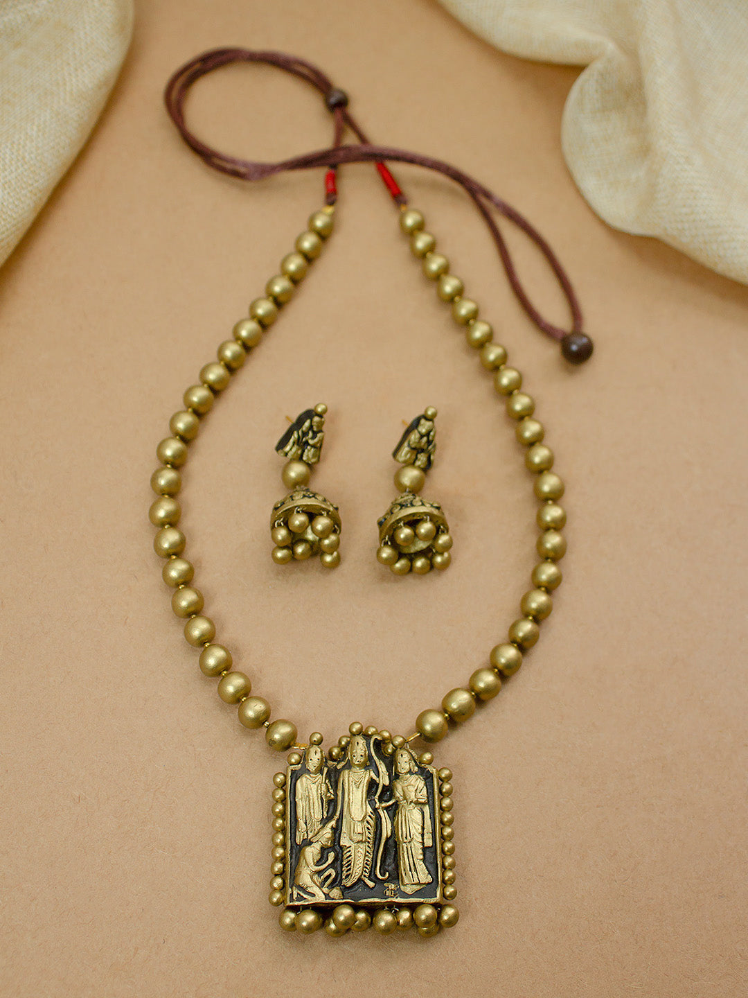 Lord Rama Sita Lakshman Hanuman Antique Gold Mala Temple Design Handmade Terracotta Necklace Set