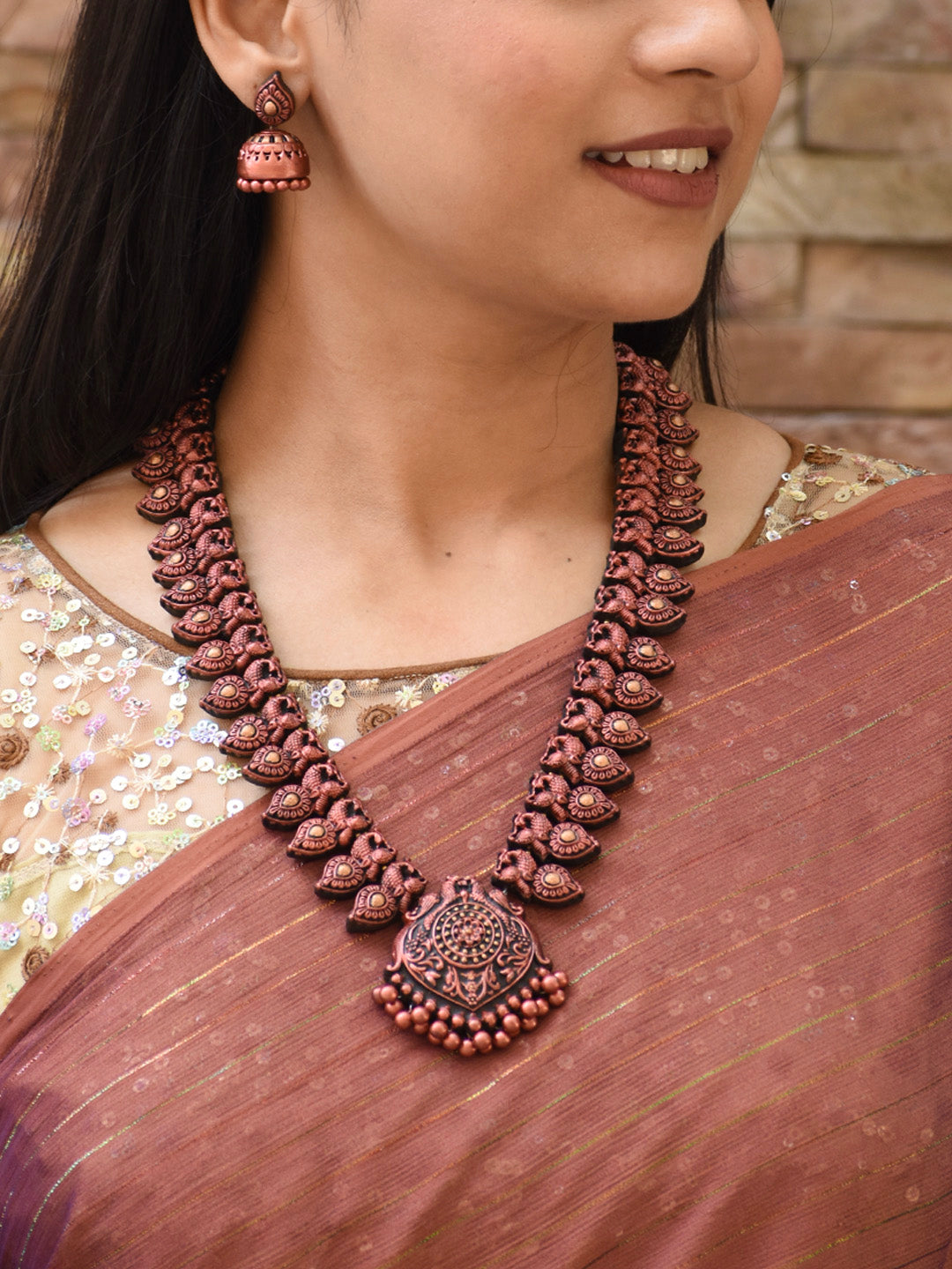 Tamramayura — Copper Finish Grand Peacock Design Haram Handmade Terracotta Necklace Set - Kantara