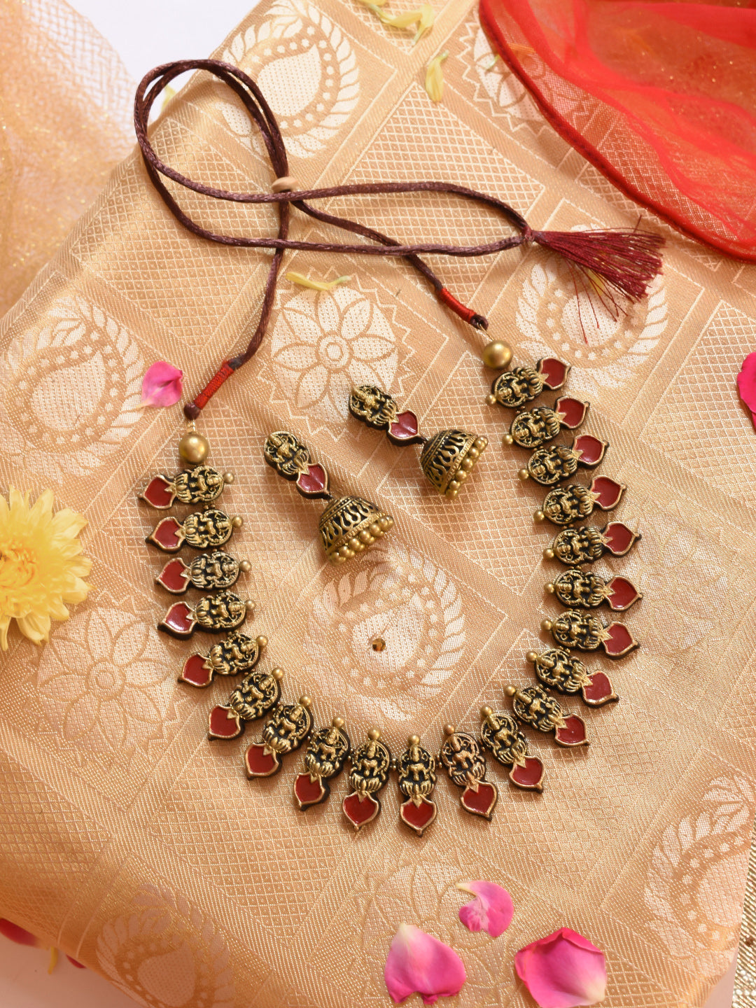 Antique Gold and Maroon Lakshmi Leaf Design Fringe Pattern Handmade Terracotta Necklace Set