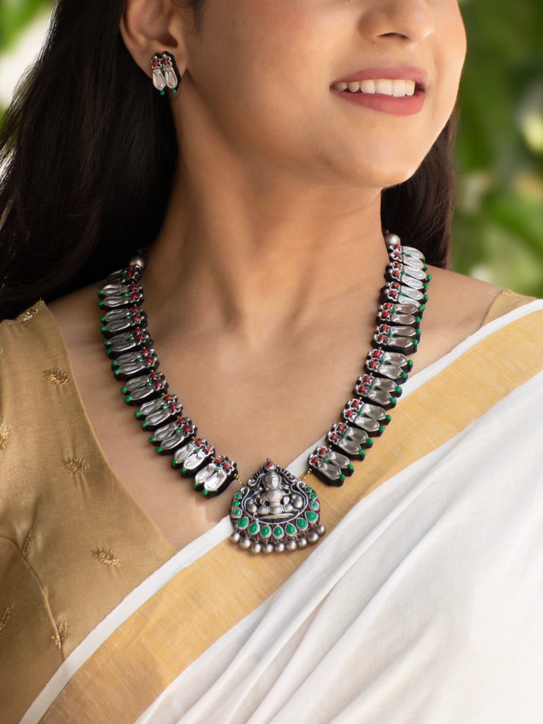 Antique Silver Red Green Lakshmi Design Temple Handmade Terracotta Necklace Set