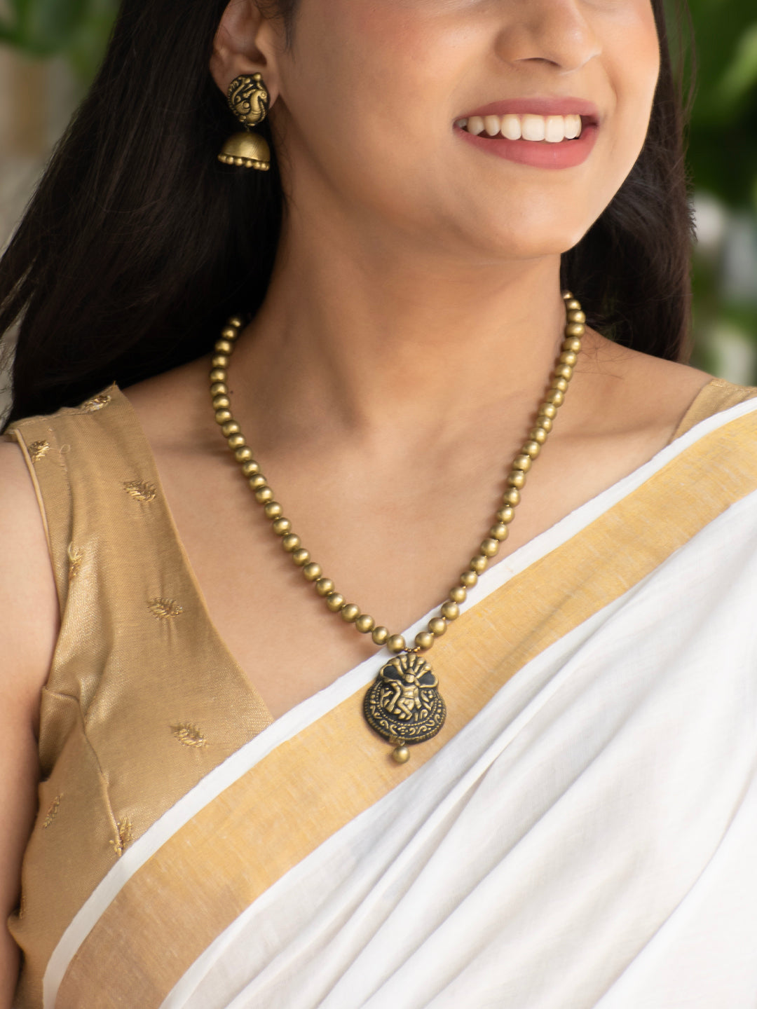 Antique Gold Minimalistic Gopalkrishna Pendant Mala Handmade Terracotta Necklace Set