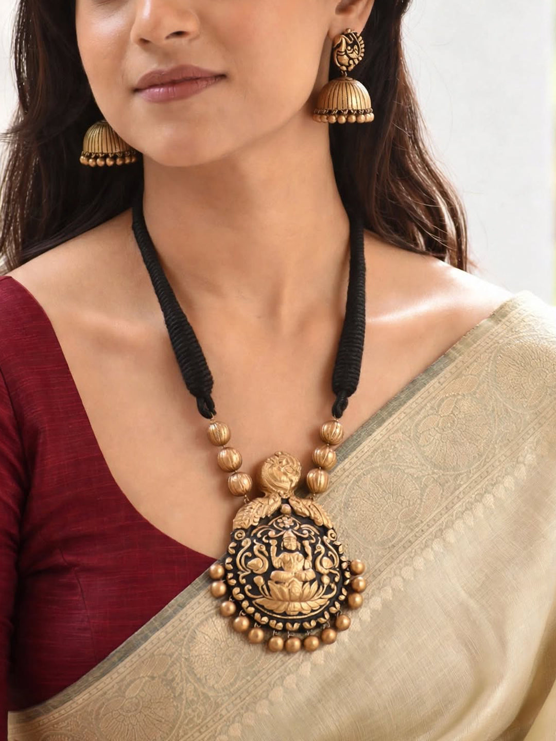 Antique Gold Toned Lakshmi Design Pendant Terracotta Medium Necklace Set