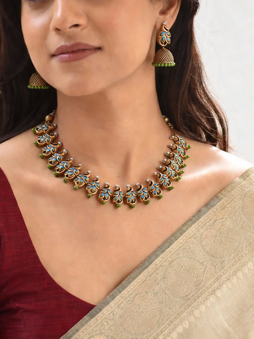 Antique Gold Toned Blue And Green Color Peacock Design Terracotta Choker Necklace Set