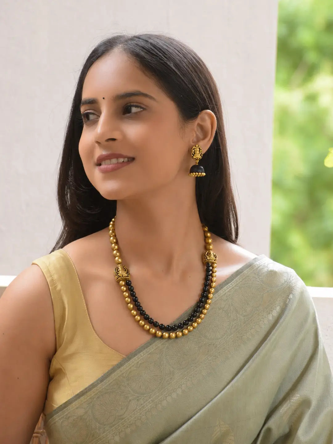 Gajanana — Antique Gold Toned Ganesha Design Black And Gold Color Beads Terracotta Medium Necklace Set