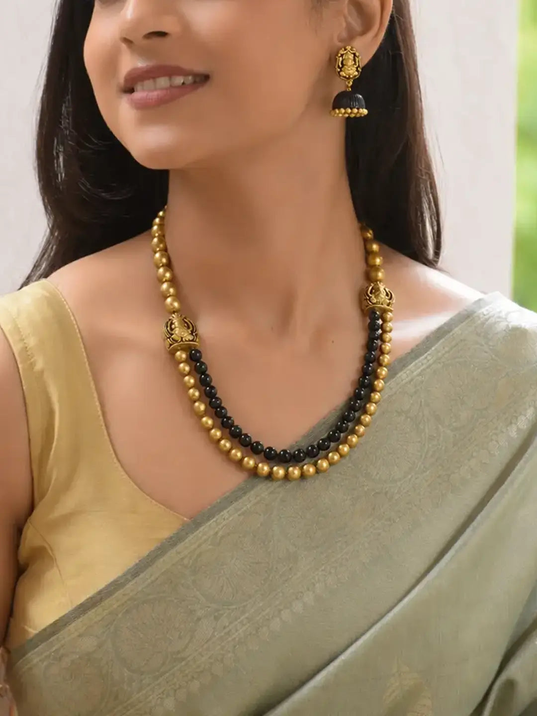 Gajanana — Antique Gold Toned Ganesha Design Black And Gold Color Beads Terracotta Medium Necklace Set