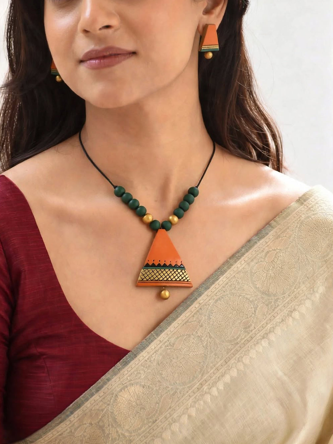 Antique Gold Toned Multicolor Triangular Shape Pendant Terracotta Medium Necklace Set