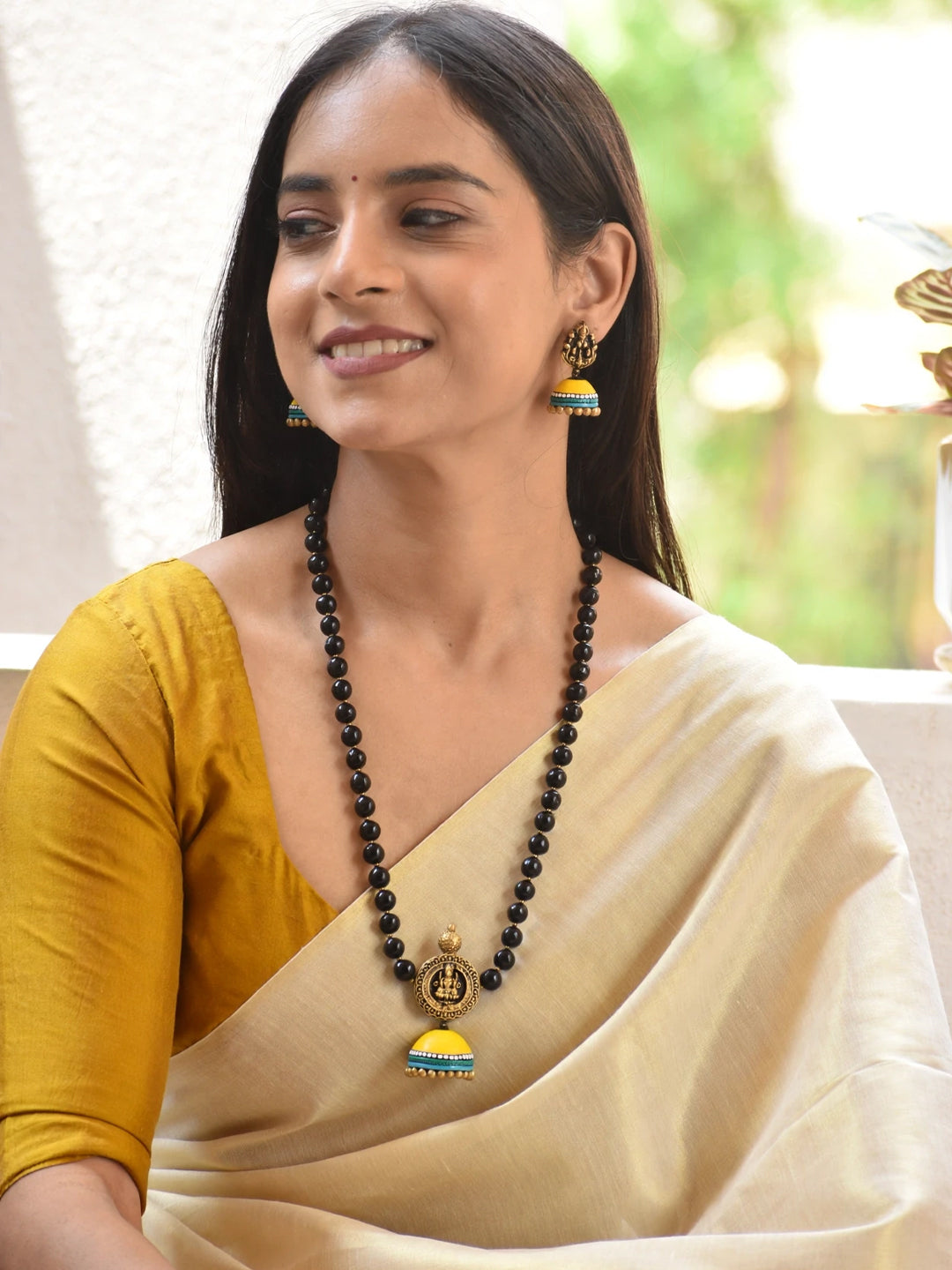 Antique Gold Toned Lakshmi Design Pendant With Black Color Beads Medium Handmade Terracotta Necklace Set