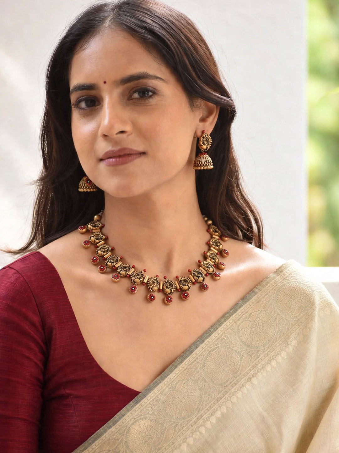 Antique Gold Toned Red And Black Color Peacock Design Motifs Choker Handmade Terracotta Necklace Set