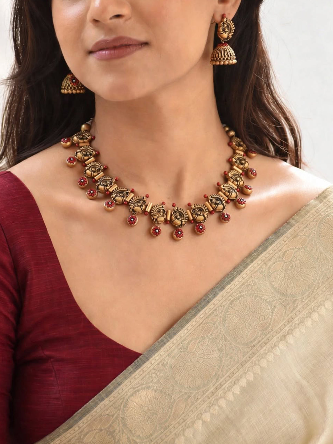 Antique Gold Toned Red And Black Color Peacock Design Motifs Choker Handmade Terracotta Necklace Set