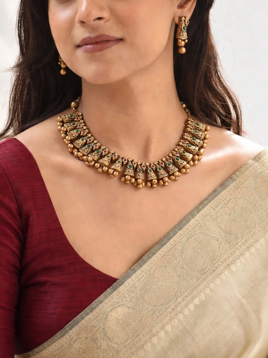 Antique Gold Toned Conical Shape Geometric Design Terracotta Choker Necklace Set