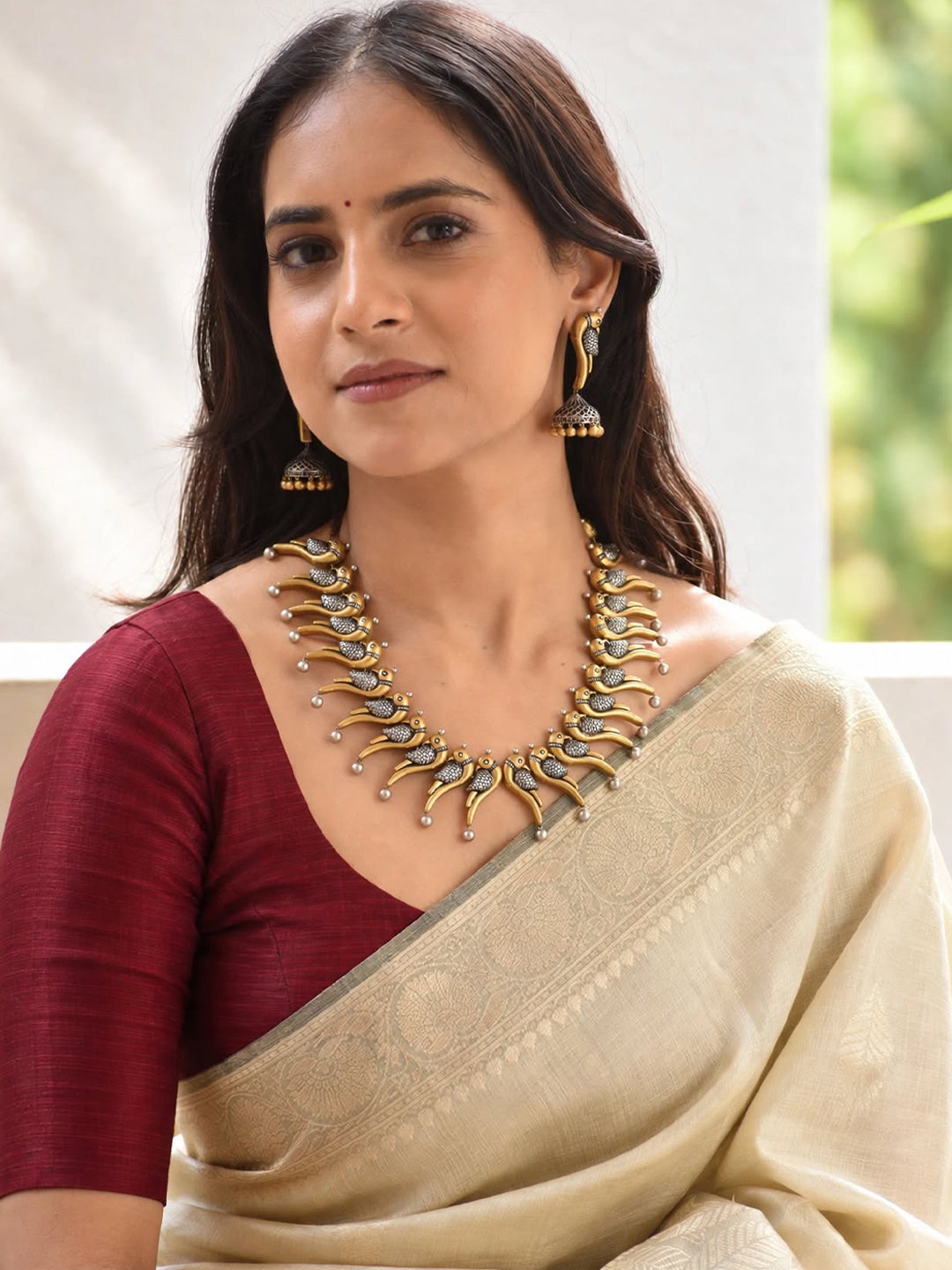 Thotha (तोता) - Antique Gold Toned Parrot Design Terracotta Choker Necklace Set