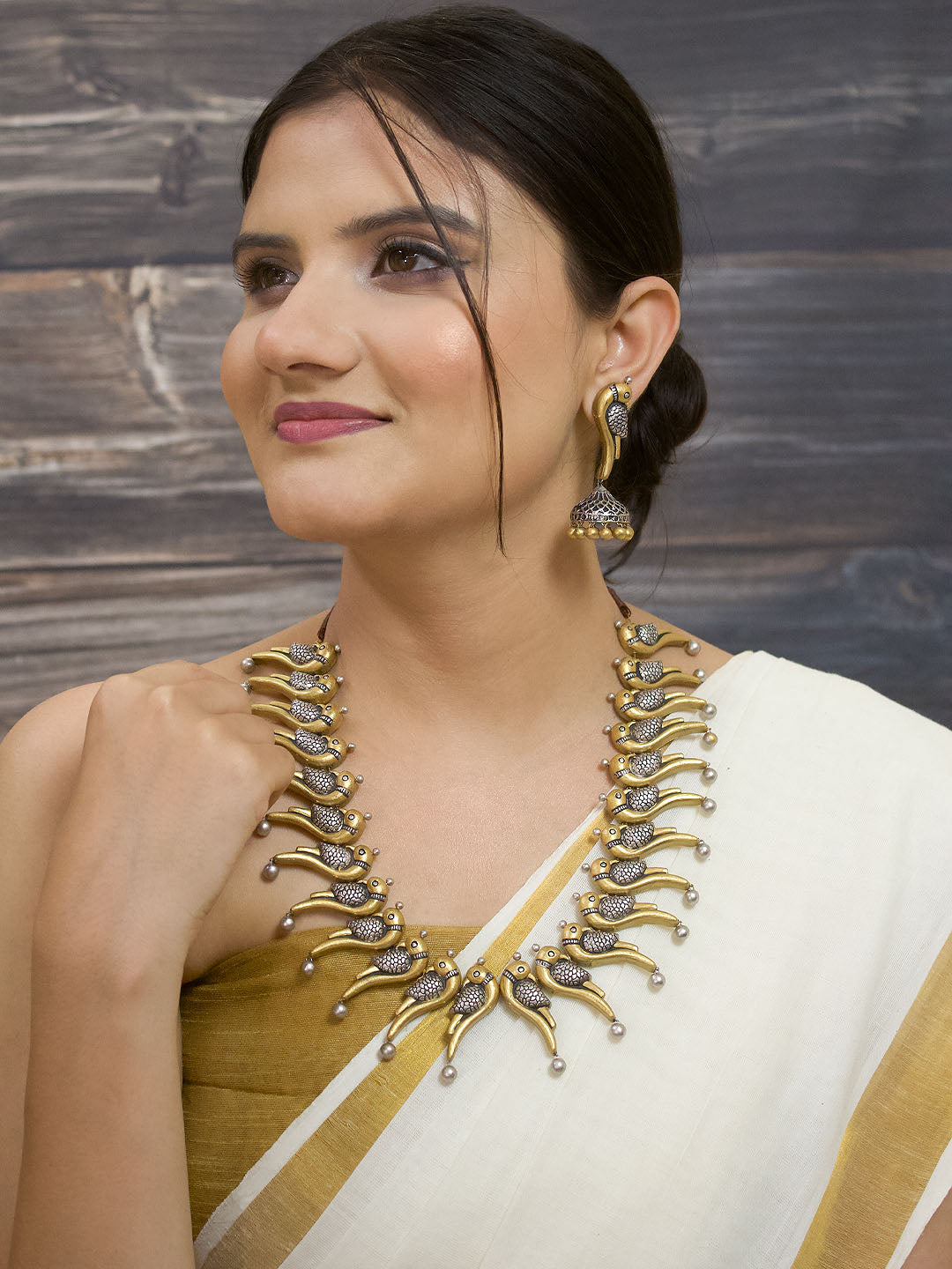 Thotha (तोता) - Antique Gold Toned Parrot Design Terracotta Choker Necklace Set