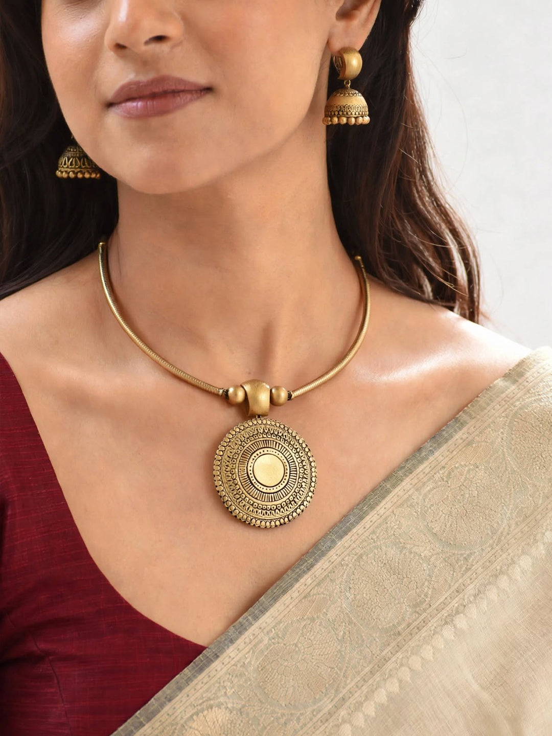Mandalika — Antique Gold Toned Mandala Design Circular Shape Terracotta Choker Necklace Set
