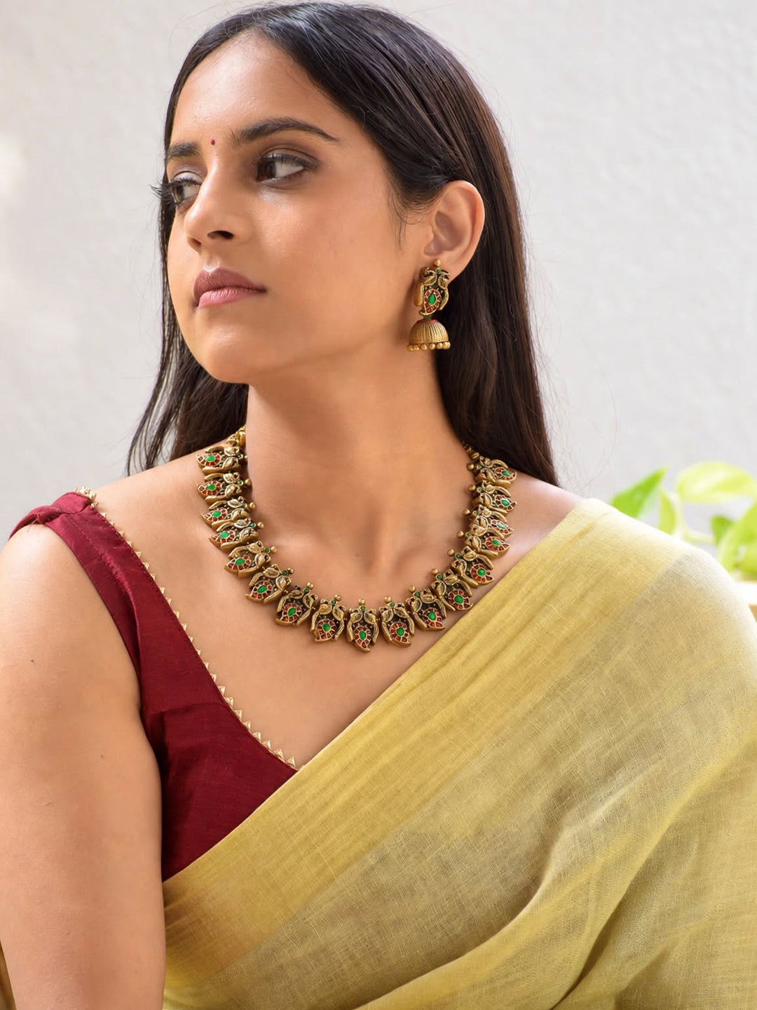 Antique Gold Toned Peacock And Mango Design Motifs Terracotta Choker Necklace Set