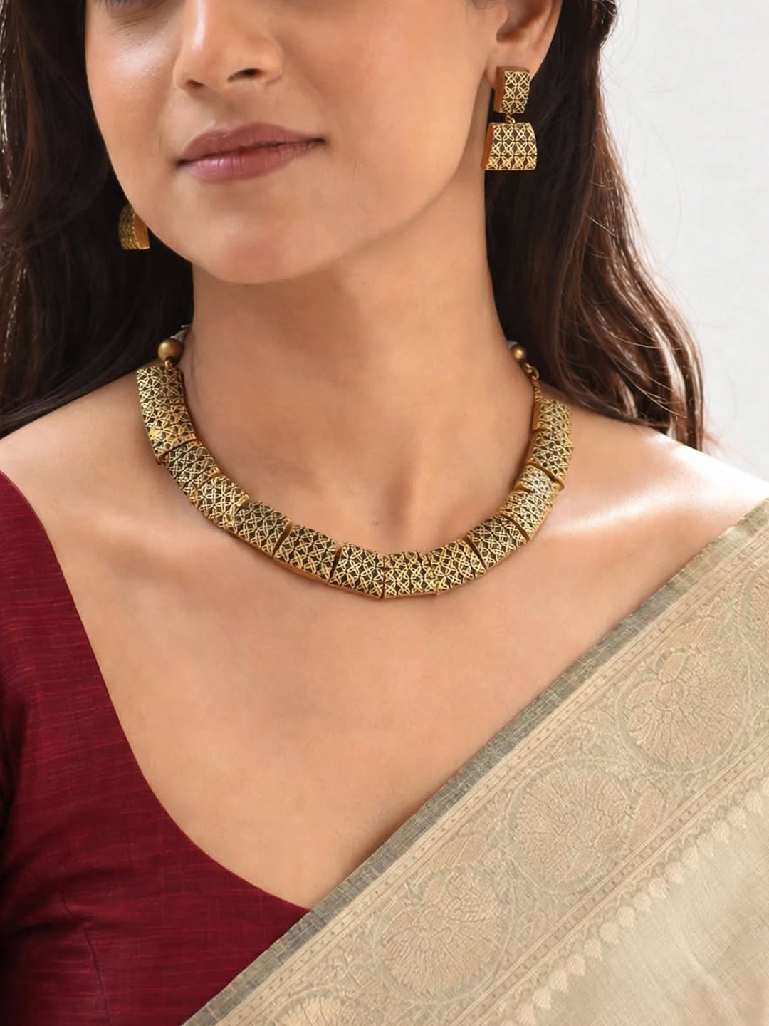 Antique Gold Toned Geometric Design Black Color Terracotta Choker Necklace Set