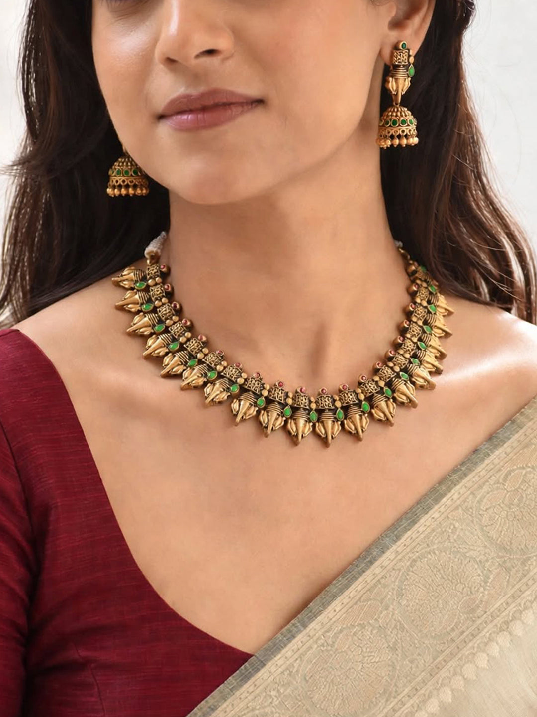 Antique Gold Toned Ganesha Design Motifs Green And Red Color Terracotta Choker Necklace Set