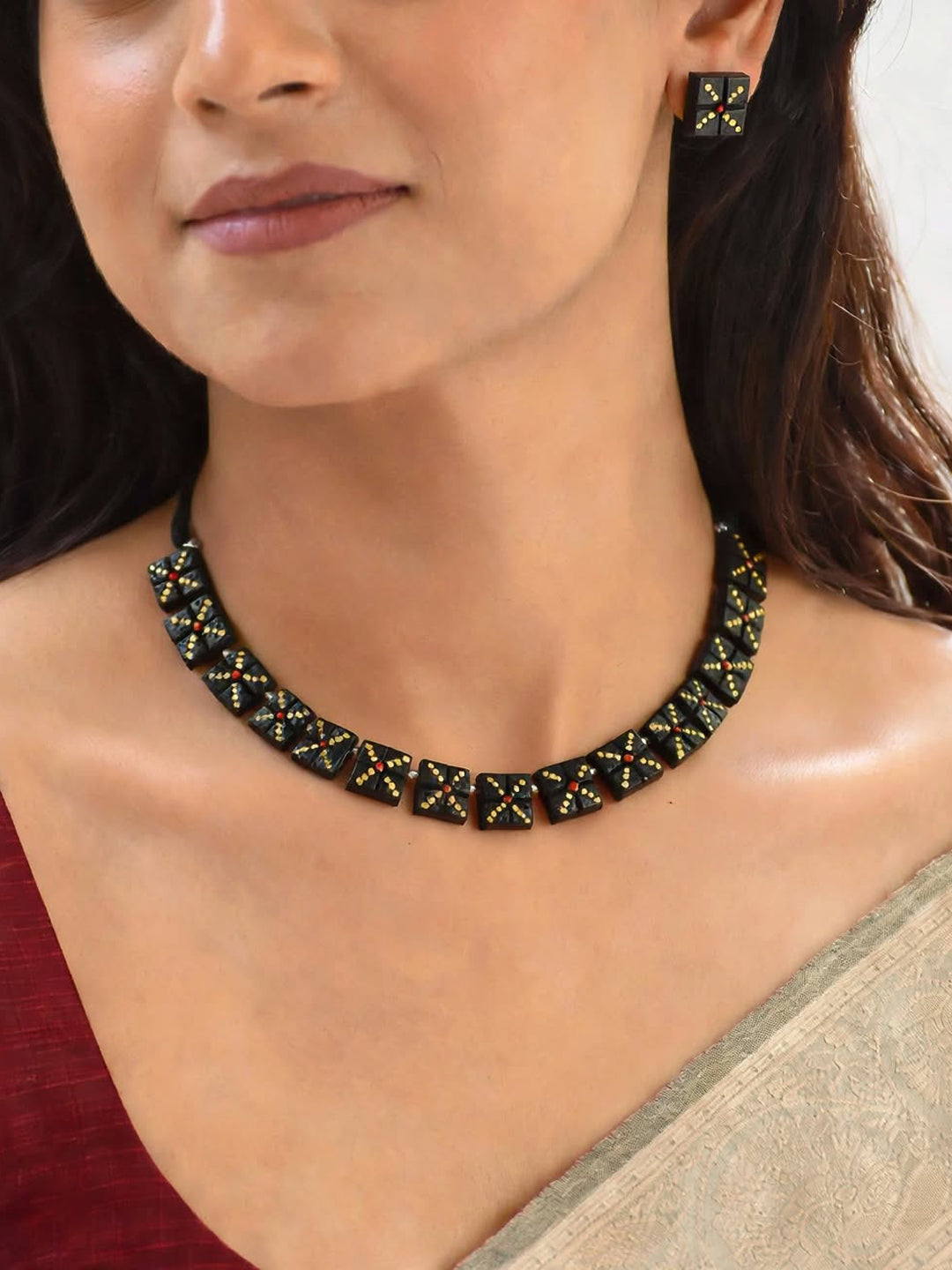 Antique Black Color Dotted Square Design Motifs Terracotta Choker Necklace Set