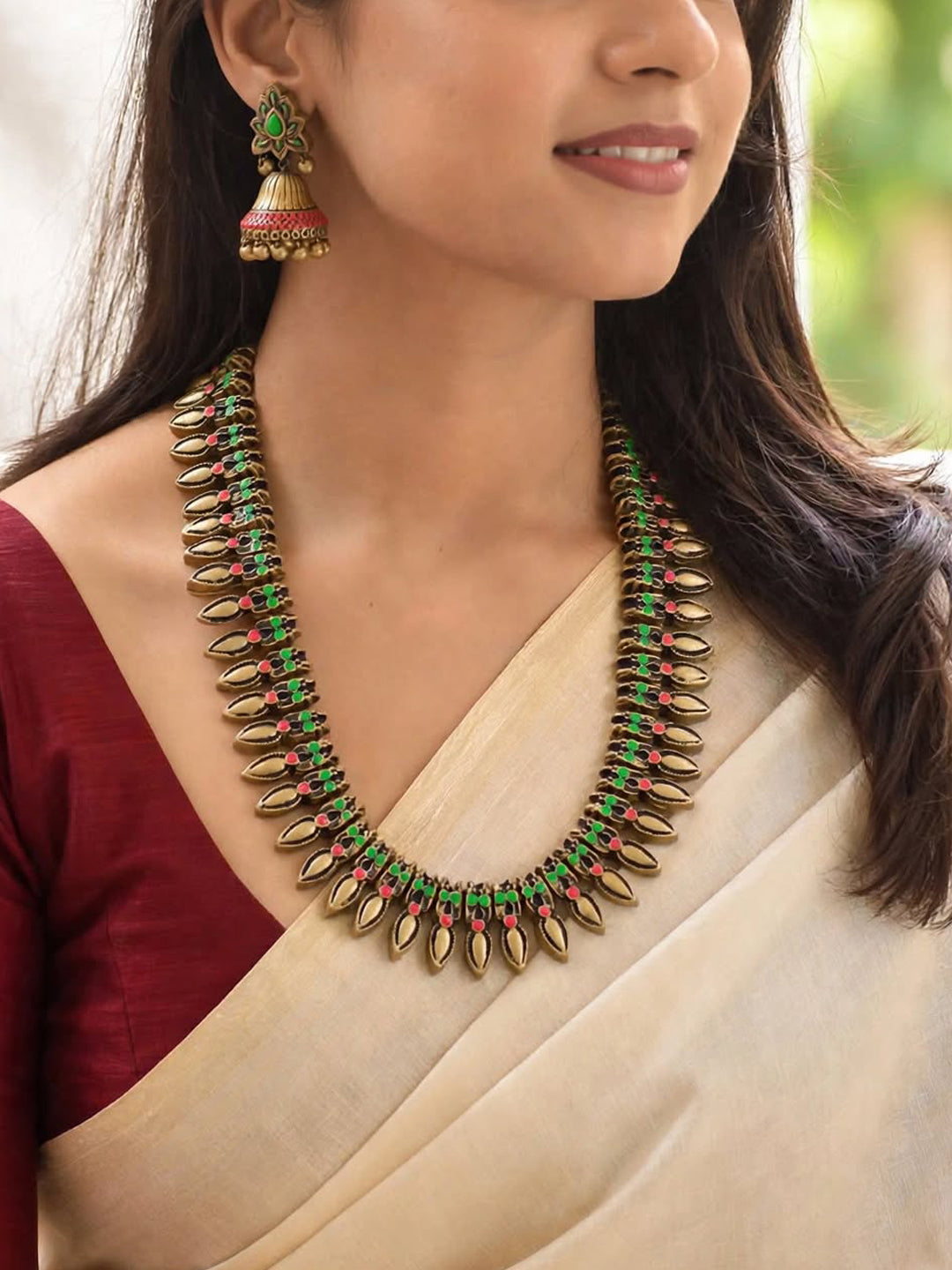 Antique Gold Toned Tear Drop Design Motifs Red And Green Color Terracotta Long Necklace Set