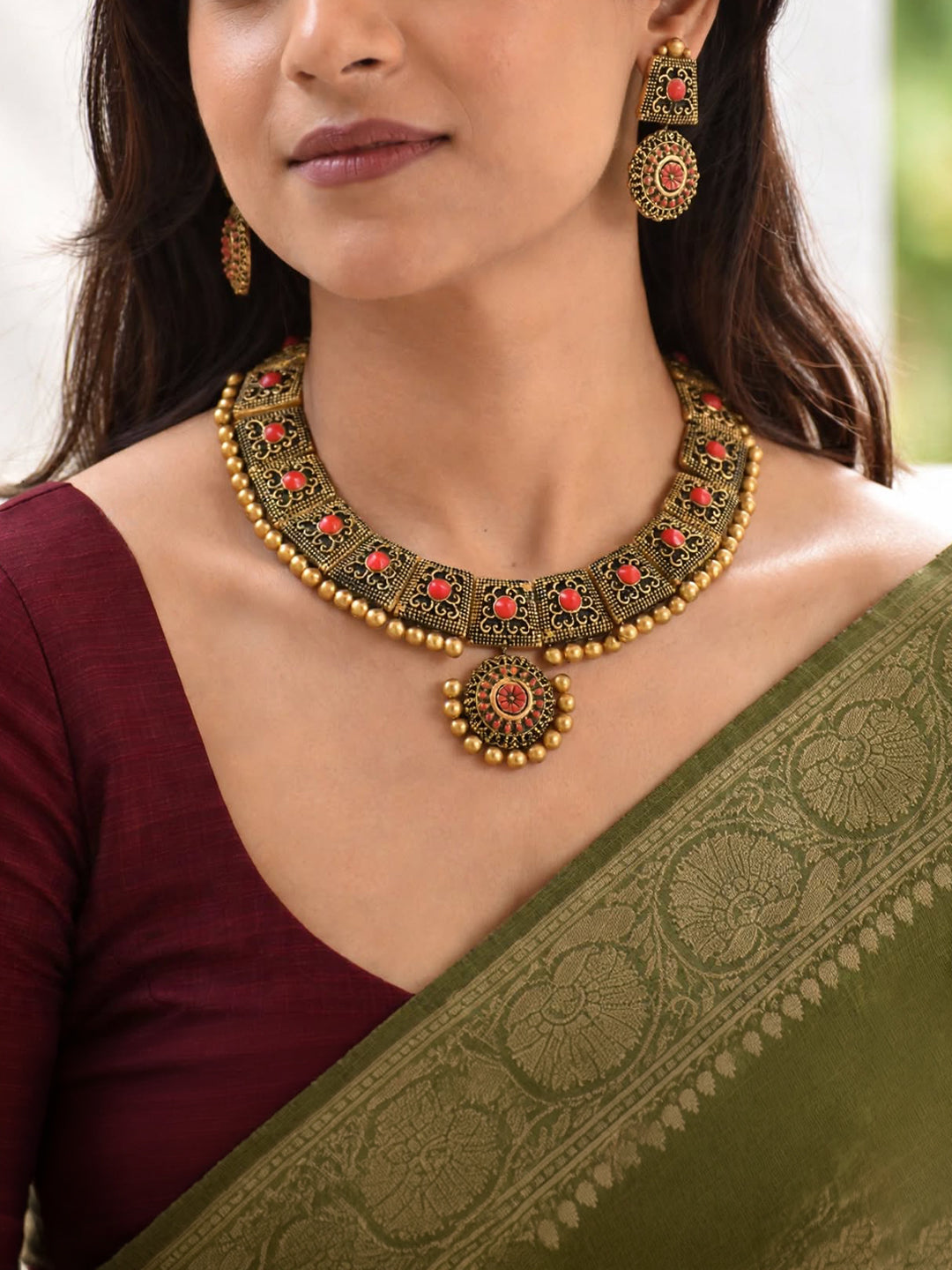 Antique Gold Toned Floral Design Pendant Square Design Motifs Red And Black Color Terracotta Choker Necklace Set