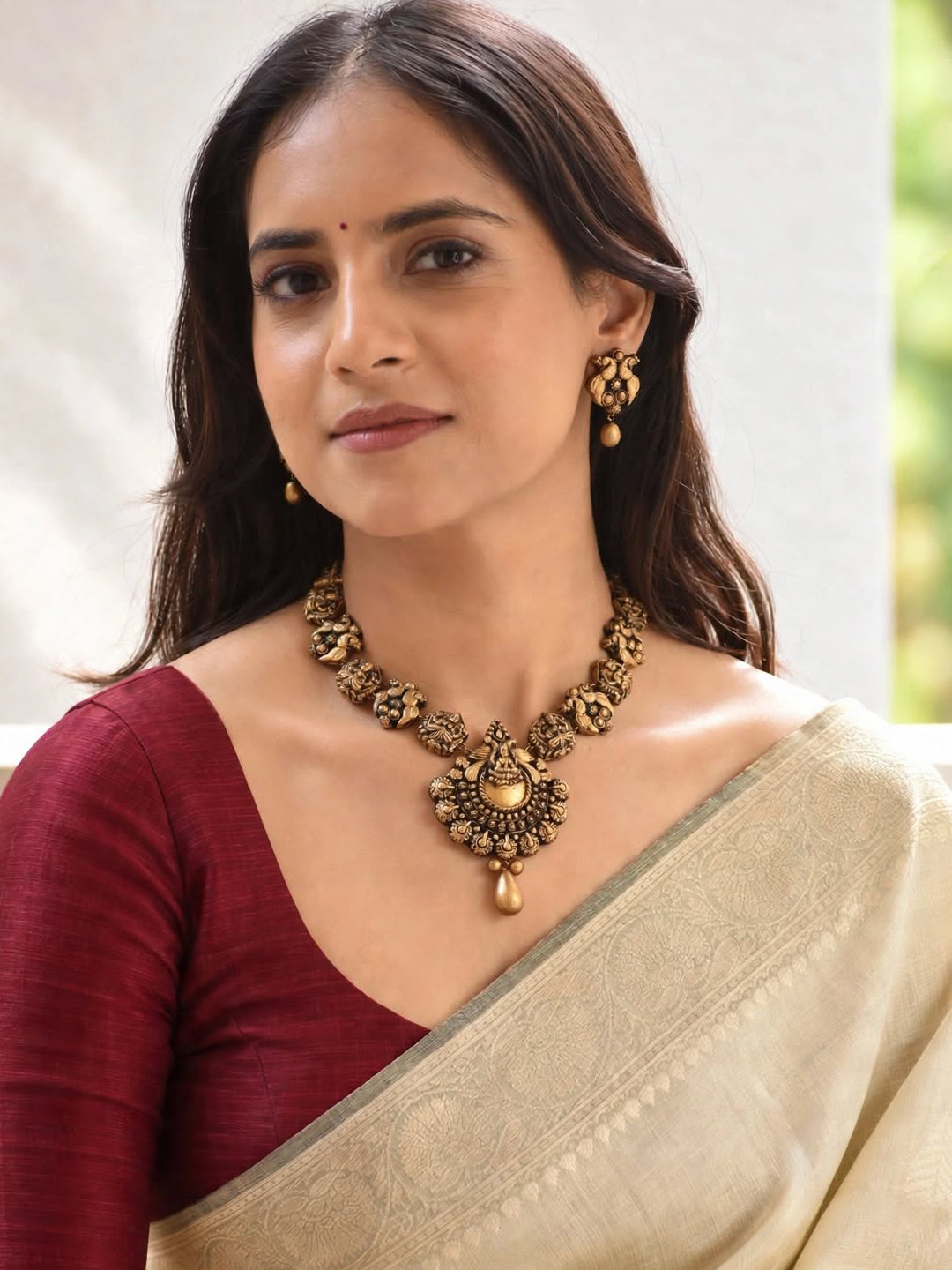 Antique Gold Toned Lakshmi Design Pendant With Peacock Design Motifs Terracotta Choker Necklace Set