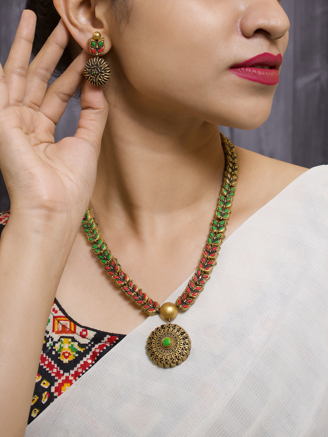 Ruchika — Flower Design Hand Painted Finish Terracotta Jewellery Set