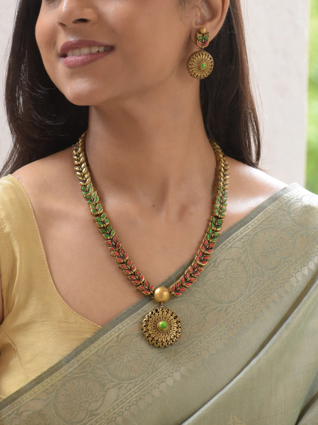 Ruchika — Flower Design Hand Painted Finish Terracotta Jewellery Set in Antique Gold Red and Green