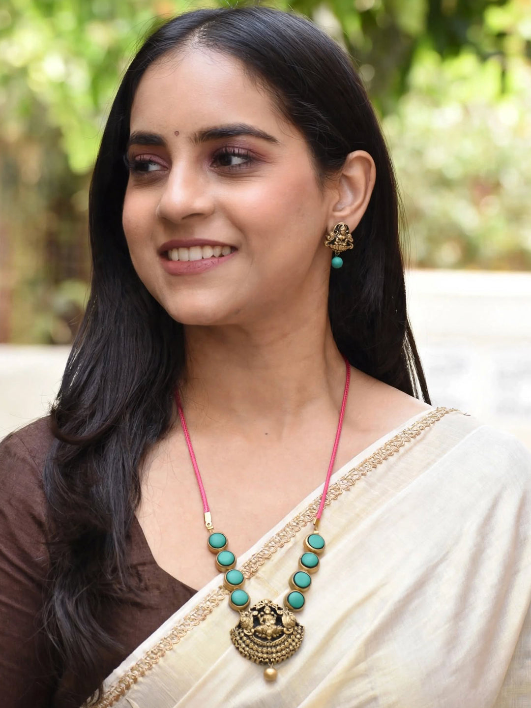 Circular Pattern Design Lakshmi Pendant Design Antique Gold  Green Pink Handmade Terracotta Necklace Set