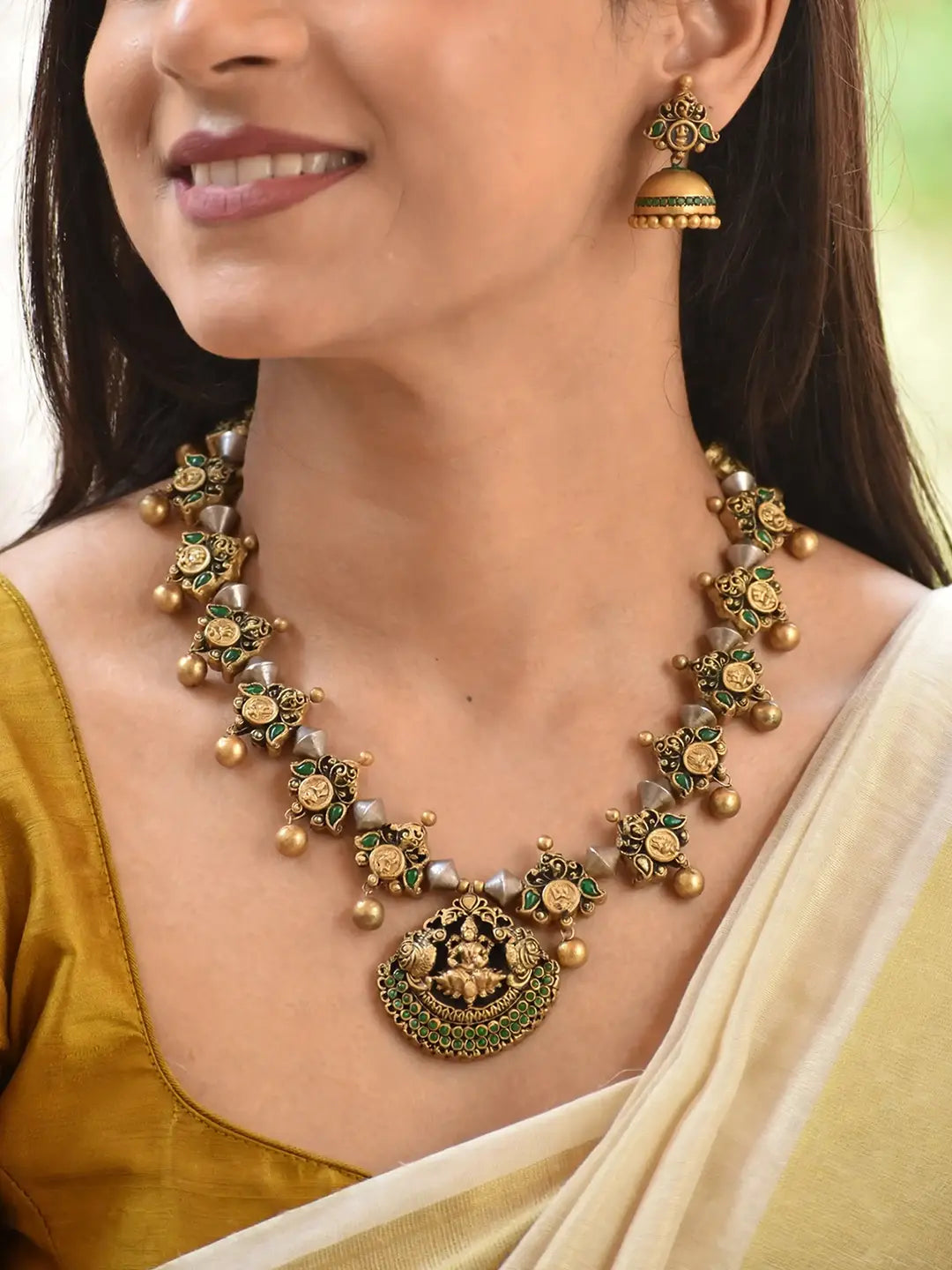 Lakshmi and Mango Design Antique Gold Silver Sap Green Handmade Terracotta Necklace Set