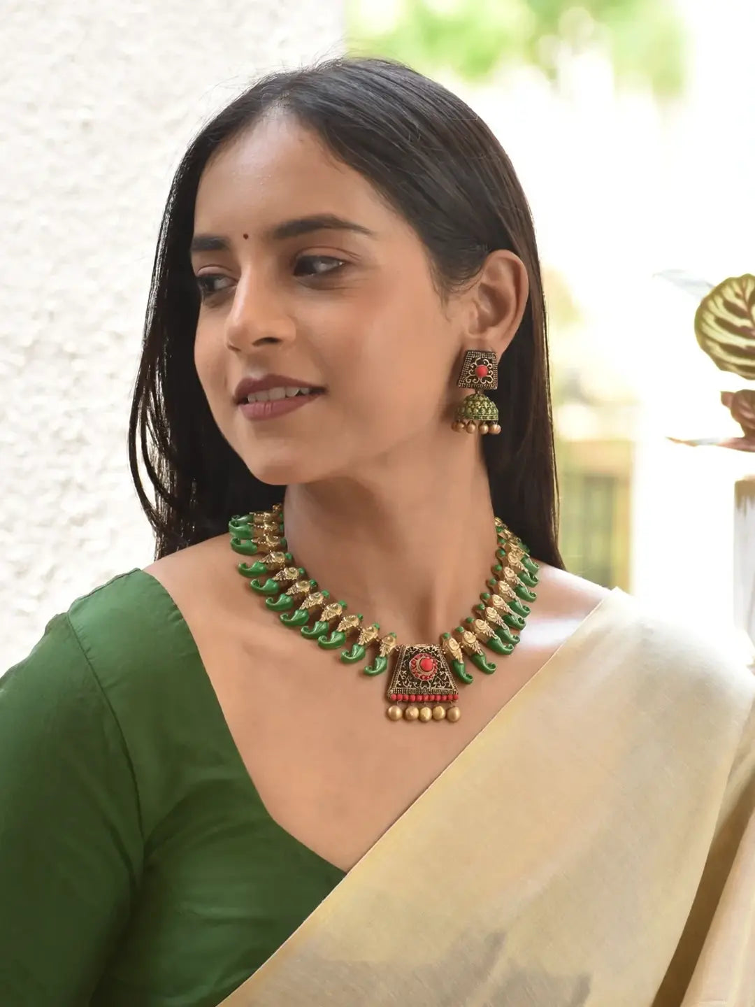 Peacock Design Pattern Mandal Art Work Pendant Antique Gold Red Green Long Handmade Terracotta Necklace Set