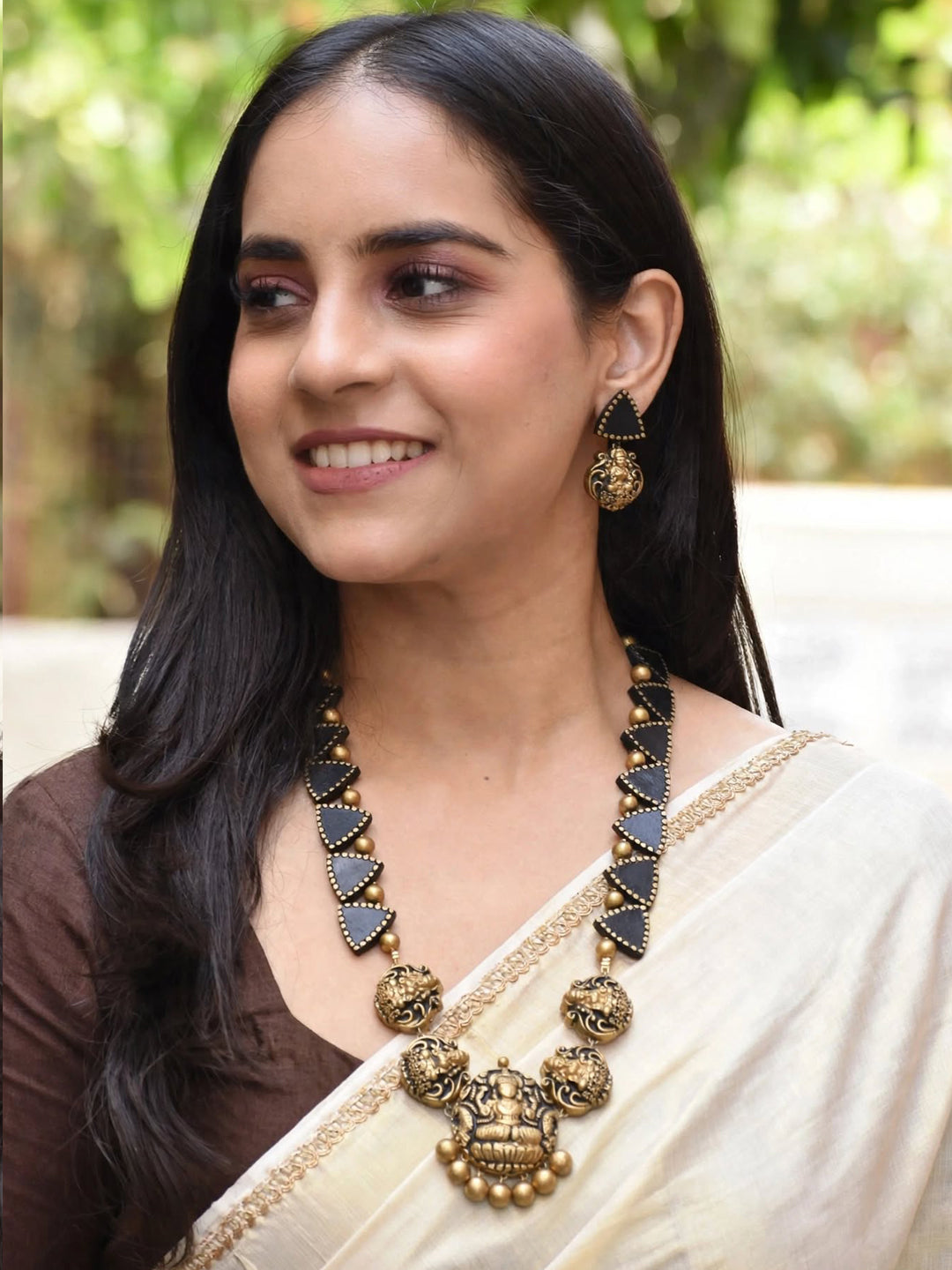 Triangular Pattern Design Lakshmi Pendant Design Antique Gold  BlackTone Long Handmade Terracotta Necklace Set