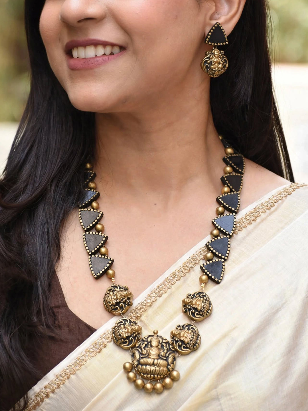 Triangular Pattern Design Lakshmi Pendant Design Antique Gold  BlackTone Long Handmade Terracotta Necklace Set