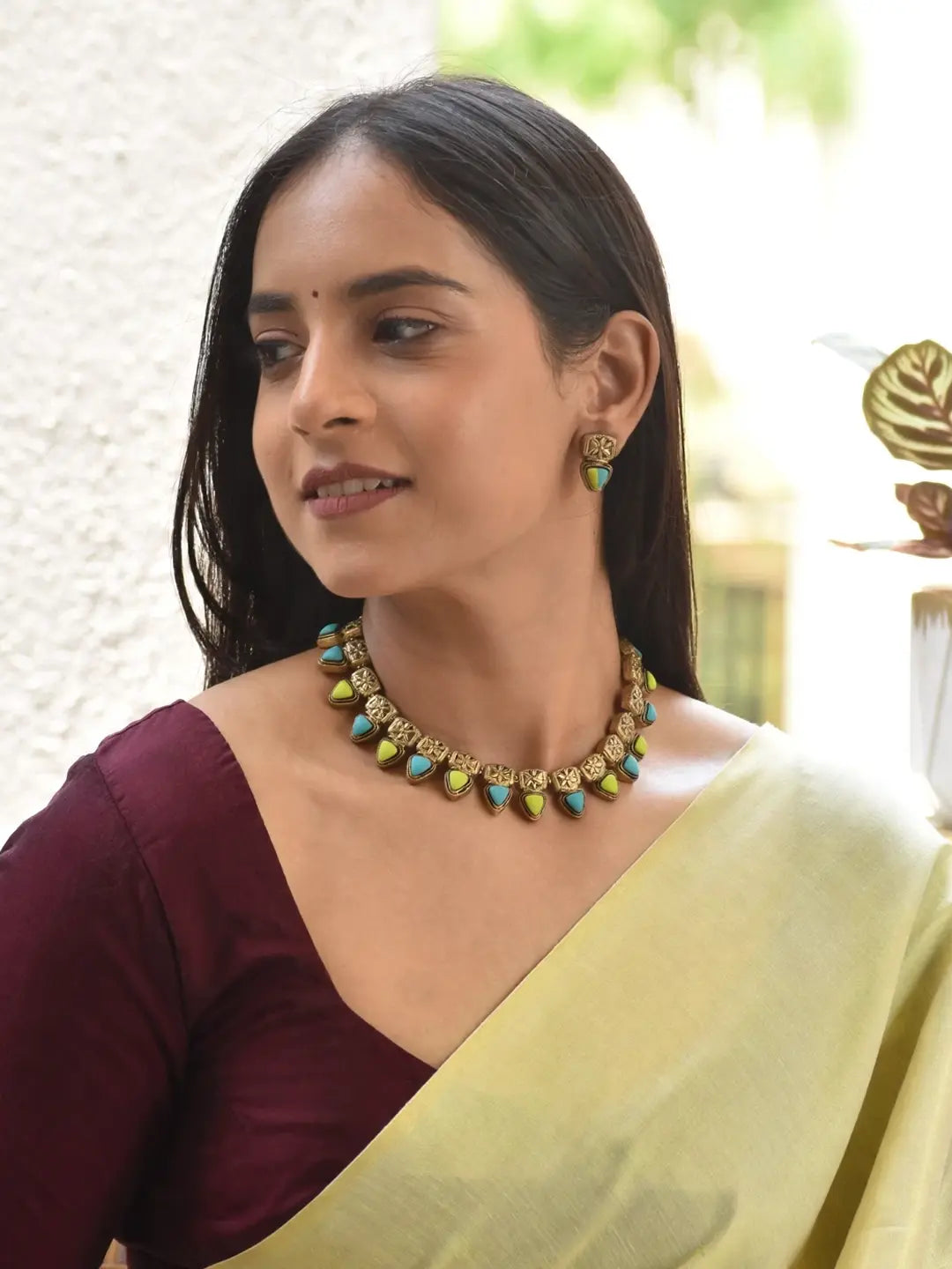 Antique Gold Leaf Green Aqua Blue Triangular Shape Minimalistic Mandala Design Handmade Terracotta Necklace Set