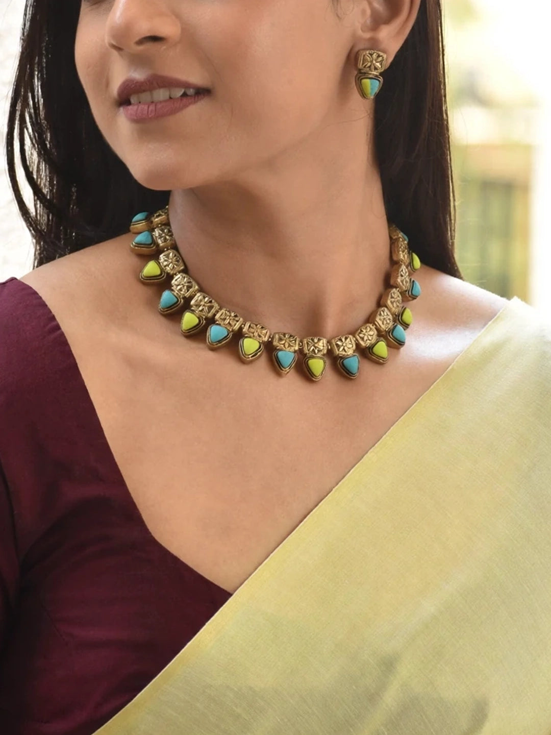 Antique Gold Leaf Green Aqua Blue Triangular Shape Minimalistic Mandala Design Handmade Terracotta Necklace Set