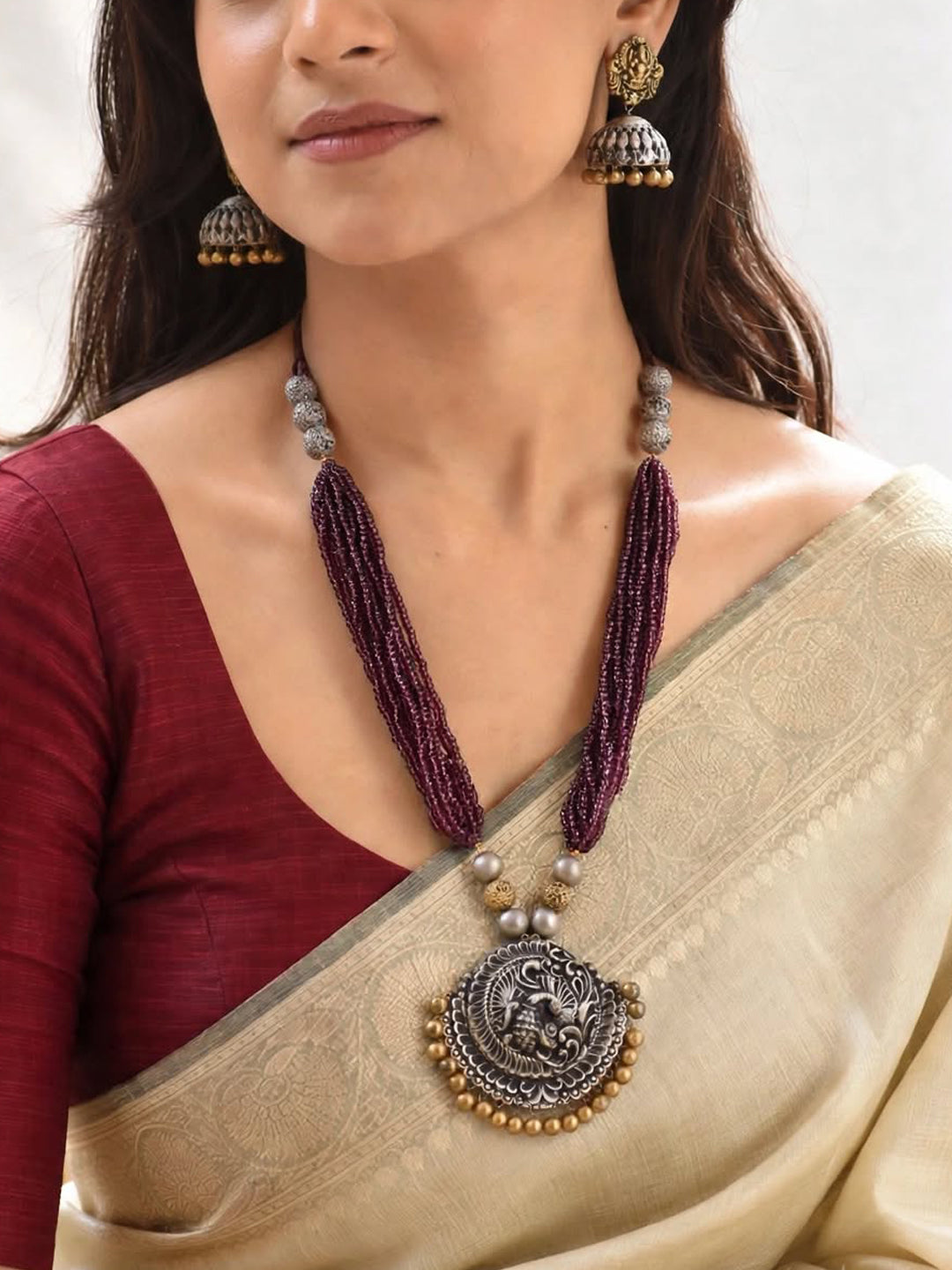 Antique Silver Gold Peacock Design Pendant Purple Acrylic Beads Clustered Layered Handmade Terracotta Necklace Set
